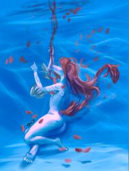 anthro ashley_(volcaldera_ashfall) blood bodily_fluids cavemanon_studios dinosaur drqube fainting feathered_dinosaur feathered_scalie feathers female green_eyes hair hi_res nosebleed nude prehistoric_species red_hair reptile scalie sinking solo swimming_pool tasteful_nudity tattoo underwater volcaldera_ashfall water