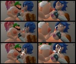 1boy 2girls 3d 3d_(artwork) breasts comic luigi mario_(series) penis saiko_bichitaru_(smg4) sfm smg4 source_filmmaker tari_(smg4) tomop