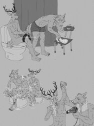 3:4 anthro antlers arm_grab balls bathing beastars canid canine canis claws clothing deer dryer duo feet fur genitals grabbing hair_dryer hi_res horn legoshi_(beastars) louis_(beastars) male male/male mammal missing_leg monochrome penis shower showering showering_together sitting smile smiling_at_another smiling_at_partner soap spicedpopsicle suds towel undressing washing_another wet wet_body wet_fur wolf