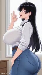 1girl ai_generated arato_nagi ass bangs belt black_hair blue_pants breasts brown_belt collared_shirt denim earrings fellatio_gesture from_side huge_breasts indoors jeans jewelry long_hair looking_at_viewer open_mouth pants purple_eyes ruri_no_houseki shirt shirt_tucked_in solo tongue tongue_out twitter_username white_shirt window