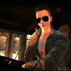 1girl 3d 3d_(artwork) boobs female ginger_hair hellfire inner_sideboob leather_jacket lonelyprowler no_bra serious_sam serious_sam_4 short_hair solo sunglasses tomboy undercut