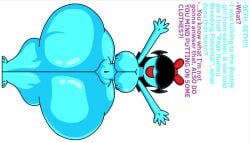 aqua_(deltarune) ass_bigger_than_head big_breasts black_hair blue_body bow dialogue hair_over_eyes huge_ass naked naked_female nipples shortstack simple_background