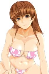 1girl big_breasts bikini breasts brown_eyes brown_hair cleavage collarbone commentary_request dead_or_alive eyepatch_bikini heart heart_print kasumi_(doa) large_breasts lips long_hair looking_at_viewer navel pink_bikini print_bikini shu-z simple_background solo swimsuit white_background