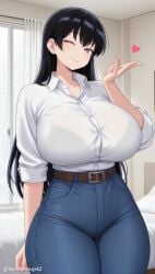 1girl ai_generated arato_nagi bangs bed belt black_bra black_hair blue_pants bra bra_visible_through_clothes bralines breasts brown_belt button_gap closed_mouth collared_shirt curtains curvy denim dress_shirt earrings heart huge_breasts indoors jeans jewelry long_hair looking_at_viewer one_eye_closed pants purple_eyes ruri_no_houseki shirt shirt_tucked_in sleeves_rolled_up smile solo thick_thighs thighs underwear white_shirt window