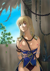 arms_behind_back arms_tied_behind_back blonde_hair bondage bound_arms breasts breasts_out cassandra_alexandra chained chained_up chains cleavage clothes exposed_breasts female female_only gloves green_eyes highres human kagura_dfc large_breasts long_hair looking_at_viewer nipples panties solo soul_calibur standing sword tied_to_pole tied_up torn_clothes torn_gloves underwear window