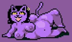 1girls 2024 anthro barefoot belly black_hair breasts catty_(undertale) completely_nude completely_nude_female deltarune digital_media_(artwork) domestic_cat felid feline felis female female_anthro female_only full_body fur hair lepixius looking_at_viewer lying mammal naked naked_female narrowed_eyes navel nipples nude nude_anthro nude_female open_mouth open_smile pixel_(artwork) pixel_art purple_body purple_fur purple_nipples purple_tail seductive smile smiling_at_viewer solo solo_female tail undertale_(series) yellow_sclera
