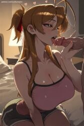 1boy 1girl ahoge ai_generated antenna_hair blush breasts brown_eyes brown_hair cleavage erection fellatio hair_ribbon heart hetero hi_res high_quality high_resolution highschool_of_the_dead large_breasts licking licking_penis long_hair oral patreon patreon_username penis rei_miyamoto ribbon seductive sexy short_shorts shorts solo_focus tongue tongue_out uncensored watermark