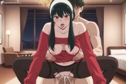 1boy 1girl ai_generated bare_shoulders bedroom black_hair black_pantyhose blush breasts breasts_out censored clothed_female_nude_male clothed_sex clothes_lift collarbone cum cum_in_pussy cum_overflow curtains digitalwaifugallery dress earrings girl_on_top hairband hetero hi_res high_quality high_resolution indoors jewelry large_breasts leaning_forward long_hair long_sleeves mosaic_censoring navel nipples nude off_shoulder open_mouth pantyhose patreon penis pussy red_eyes red_sweater seductive sex sex_from_behind sexy sidelocks spread_legs spy_x_family straddling sweater testicles thighband_pantyhose thighs tongue tongue_out torn_clothes torn_pantyhose uncensored vaginal watermark white_hairband window yor_briar