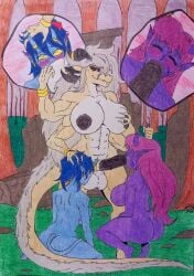 big_balls blowjob blowjob_face blue_hair blue_skin cock_ring dragon_futa elf_ears four_arms futa_on_female horns large_breasts large_penis original_characters penis_nipples pink_hair purple_eyes purple_skin tail thatonebell_(artist) white_hair yellow_eyes