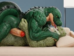 3d_(artwork) anthro biceps big_penis connivingrat digital_media_(artwork) duo erection foreskin frottage genitals glans green_body green_scales helm_(connivingrat) hi_res humanoid humanoid_genitalia humanoid_penis kissing lizard_(petruz) male male/male muscular muscular_male nails nude penile penis penises_touching romantic romantic_couple scales scalie sex surprised tail triceps vein veiny_penis