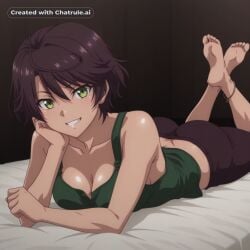 1girl ai_assisted ai_generated anime_coloring anime_screencap anklet bare_shoulders barefeet bedroom cleavage curvy_body dark_brown_hair detailed_feet eyes_half_closed feet_up green_eyes grin light_brown_skin looking_at_viewer narrow_waist petite prone_position round_ass short_hair small_breasts soft_breasts the_pose tired wide_hips