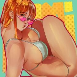 1girls big_breasts bikini breasts cleavage earrings female female_focus female_only glasses heart-shaped_eyewear legs looking_at_viewer nami_(one_piece) one_piece orange_hair sitting tagme white_bikini