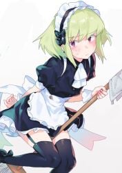 1boy 1femboy androgynous black_legwear blonde_hair blush blushing blushing_at_viewer bob_cut crossdressing dress embarrassed femboy femboy_only feminine_male lio_fotia looking_at_viewer maid maid_apron maid_dress maid_headdress maid_outfit maid_uniform male_maid nervous petite petite_body petite_male promare questionable short_hair short_skirt shy skirt slim slim_male slim_waist solo stockings suggestive thighhighs twink
