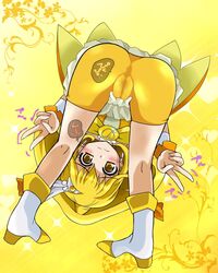 blonde_hair blush censored clothing double_v looking_at_viewer looking_back looking_back_at_viewer looking_between_legs looking_between_own_legs nekonta pretty_cure shorts smile_precure solo tagme v yayoi_kise yellow_background yellow_eyes yellow_theme