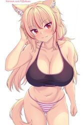 blonde_hair bra breasts cat_ears catgirl cleavage fang nottytiffy panties red_eyes red_highlights t-shirt tail thighs tiffy tiffynyaa