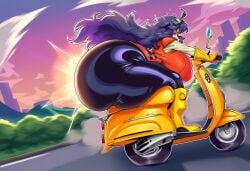 1girl 1girls ai_generated ass_bigger_than_head big_ass big_breasts big_thighs clothed_female hex_maniac hexaru hyper hyper_ass hyper_butt hyper_thighs large_ass large_breasts large_thighs motorcycle pokemon sunset thick_thighs