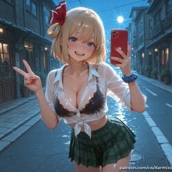1girl :d ai_generated bangs black_bra blonde_hair blue_eyes blush bra bra_visible_through_clothes breasts building cellphone cleavage collarbone collared_shirt cowboy_shot green_skirt hair_ribbon holding holding_phone kermixx lace-trimmed_bra lace_trim large_breasts looking_at_viewer nail_polish night open_mouth outdoors phone plaid plaid_skirt plant pleated_skirt potted_plant red_nails red_ribbon ribbon rumia_tingel scrunchie see-through shirt short_hair skirt sky smartphone smile solo teeth tied_shirt underwear v wet wet_clothes wet_shirt white_shirt wrist_scrunchie