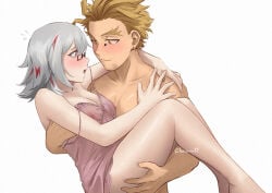1boy 1girls blonde_hair blonde_male blush boku_no_hero_academia breasts bridal_carry carrying carrying_partner chocorutt female fuyumi_todoroki glasses hawks_(my_hero_academia) keigo_takami looking_at_partner male male/female my_hero_academia nipples nipples_visible_through_clothing pink_nipples princess_carry romantic shirtless shirtless_male straight takami_keigo thick_thighs todoroki_fuyumi white_hair