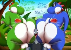 2d 3boys anger_vein anon ass ass_focus ass_in_face ass_sandwich balls ballsack bending_forward between_ass big_ass big_butt big_butt_(male) blue_body boshi bottomless competition detailed_background dinosaur english_text eyewear face_between_asses face_in_ass fat_ass femboy furry furry_male gay genitals girly glasses green_body green_yoshi highres huge_ass human humanoid loadedlepus looking_at_another male_only mario_(series) motion_lines naked nintendo no_sex non-human nonhuman nude open_mouth questionable_consent scalie scalie_male short_tail standing tail talking_to_another text thick_thighs thighs twitter_link yoshi