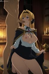 1boy 1girl ai_generated barefoot blonde_hair blue_eyes blush breasts breasts_out candle candlestand clothed_female_nude_male clothes_lift digitalwaifugallery fellatio hair_intakes hairband hetero hi_res high_quality high_resolution indoors kneeling large_breasts lihanna_owenzaus long_hair nipples nude oral patreon penis pussy seductive sexy shirt skirt skirt_lift uncensored watermark