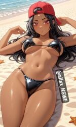 ai ai_art ai_assisted ai_generated alixx_nswf beach big_breasts big_penis bikini black_bikini black_body black_hair black_skin brawl_stars breasts cape meg_(brawl_stars) red_cape red_eyes sexy supercell
