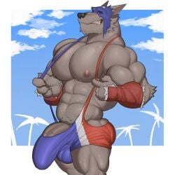1:1 2026 abs anthro balls balls_outline biceps big_muscles big_penis blue_clothing blue_mask blue_swimwear bodily_fluids border bulge canid canine captain_america capwolf claws clothed clothing deltoids detailed_bulge digital_media_(artwork) fangs fleshformomo fur genital_outline genitals grey_body grey_fur hi_res humanoid_genitalia humanoid_penis looking_at_viewer male mammal marvel marvel_rivals multicolored_clothing multicolored_swimwear muscular muscular_anthro muscular_male mythological_canine mythological_creature mythology nipples pecs penis penis_base penis_outline red_clothing red_eyes red_swimwear solo sweat sweaty_body swimwear teeth triceps vein veiny_penis werecanid werecanine werecreature werewolf white_border white_clothing white_swimwear