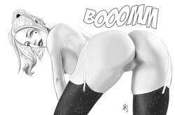 alternate_version_available areolae ass batman_(series) bent_over breasts dc dc_comics female female_only harley_quinn hvond looking_at_viewer monochrome nipples pussy solo