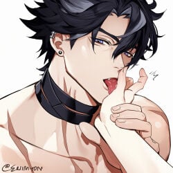 1boy anonymous_character black_hair eriimyon genshin_impact hand_grab licking licking_hand male male_focus male_only shirtless shirtless_male suggestive tongue tongue_out wriothesley_(genshin_impact)