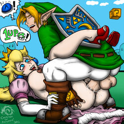 1boy 1girls ?_block blonde_hair blue_eyes blush breasts crossover earrings elbow_gloves fingerless_gloves fleatrollus gloves high_heels human large_breasts leg_lock link mario_(series) missionary missionary_position nintendo nipples open_fly outdoors outside penis platform_heels pointy_ears princess princess_peach pussy pussy_juice red_high_heels royalty sex shield shoes speech_bubble super_mario_bros. testicles the_legend_of_zelda triforce vaginal vaginal_penetration