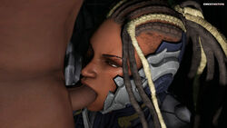 1boy 3d black_female bodysuit brown_eyes brown_hair cum_in_mouth cum_inside dark-skinned_female dark-skinned_male dark_skin deepthroat dreadlocks fellatio female hair half-closed_eyes kunoichi large_breasts male master_raven ninja oral oral_penetration oral_sex pov sex shaved_side smexynation source_filmmaker straight sucking tekken tekken_7 throat_bulge undercut undercut_dreads