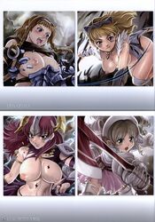 4girls armor blonde_hair blush braid breasts claudette elina hair helmet large_breasts leina long_hair looking_at_viewer multiple_girls nipples open_mouth queen's_blade red_hair smile torn_clothes weapon ymir