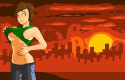 1girls brown_hair clothing green_eyes iji iji_kataiser injury long_hair partially_clothed shirt_lift