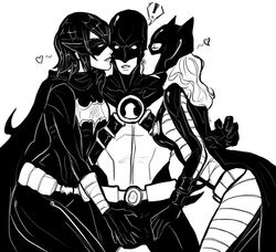 1boy 2girls batgirl batgirl_(cassandra_cain) batgirl_(stephanie_brown) batman_(series) black_bat cassandra_cain dc dc_comics dick_hammersmith female imminent_sex interracial male monochrome multiple_girls red_robin stephanie_brown threesome tim_drake