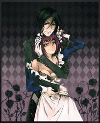 1boy 1girls black_butler black_hair bra breasts brown_eyes clothed dress female gloves kuroshitsuji light_skin looking_at_viewer maid maid_dress maid_headband maid_outfit male meirin_(kuroshitsuji) purple_hair red_eyes sebastian_michaelis suit tagme