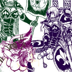 1girls 2futas adepta_sororitas chaos_(warhammer) chaos_daemon cum cum_on_breasts cum_on_face daemonette female fleatrollus fleur-de-lis futa_on_female futanari imperium_of_man intersex multi_breast power_armor purity_seal sister_of_battle warhammer_(franchise) warhammer_40k