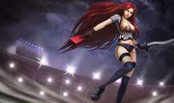 black_legwear black_panties fishnets gloves katarina_du_couteau large_breasts league_of_legends legwear long_hair nipple_piercing panties red_card_katarina red_hair soccer_cup_series the_grind_series