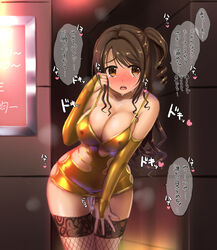 black_legwear blush breasts bridal_gauntlets brown_eyes brown_hair cleavage cum cumdrip derauea dress elbow_gloves erect_nipples female fishnet_legwear fishnets gloves gold_dress heart highres idolmaster idolmaster_cinderella_girls lace lace-trimmed_thighhighs large_breasts long_hair open_mouth revealing_clothes shimamura_uzuki short_dress side_ponytail strap_gap tears text thigh_gap thighhighs thighs tight_dress translation_request zettai_ryouiki