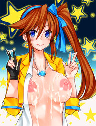 athena_cykes blue_eyes breasts brown_hair crescent_moon cum cum_on_breasts earrings female fingerless_gloves gloves gyakuten_saiban hair_between_eyes hair_ribbon jacket jewelry large_breasts licking_lips long_hair looking_at_viewer moon nipples open_clothes open_jacket open_shirt ribbon side_ponytail star tongue umihito v