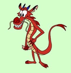 1boy 3pac 4_fingers big_eyes chinese_dragon claws disney dragon green_background horn looking_at_viewer male_only masturbation mulan mushu penis scalie sharp_teeth smile teeth two_toes whiskers