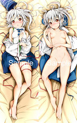 bare_legs bare_shoulders barefoot blush breasts censored convenient_censoring dakimakura detached_sleeves feet female hat hat_removed headwear_removed highres japanese_clothes kariginu looking_at_viewer lying mononobe_no_futo navel nipples no_bra nude on_back pussy red_eyes reri ribbon sample short_hair side_ponytail silver_hair skirt smile toes touhou wide_sleeves