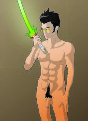 1boy abs black_hair blue_skin erect_nipples flaccid glasses holding_weapon lightsaber male_only no_more_heroes nude partially_retracted_foreskin pecs pubic_hair red_eyes tagme tinted_eyewear travis_touchdown weapon