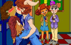 arthur_(series) blush checkered_floor curly_hair english_text eyes_closed female_only fern_walters francine_frensky furry kissing locker molly_macdonald open_mouth redhand-cl sue_ellen_armstrong