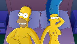 bed blue_hair breasts canon_couple color female hair homer_simpson human indoors lying male marge_simpson nipples nude on_back straight tagme the_simpsons wvs yellow_skin