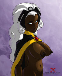 1girls big_breasts blue_eyes breasts cape dark-skinned_female dark_skin female female_only long_hair marvel marvel_comics navel nipples ororo_munroe solo storm_(x-men) tiara white_hair x-men xpov