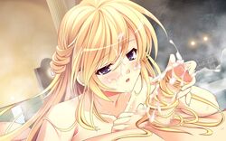 amelia_rose_brettingham ankoromochi blonde_hair blue_eyes blush censored cum facial female game_cg long_hair nude penis shitsuji_ga_aruji_wo_erabu_toki