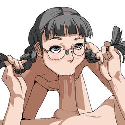 :>= black_hair character_request chiisan fellatio flat_chest glasses hair_pull imminent_deepthroat lowres nude oekaki oral penis pulling_hair pulling_twintails simple_background twin_braids uncensored