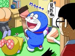 2008 2girls ass censored doraemon doraemon_(character) dorami female gigantic_penis human humor japanese_text maldives male nobita_nobi penis shin-ei_animation shizuka_minamoto small_but_hung source_request suneo_honekawa sweat takeshi_gouda text translated