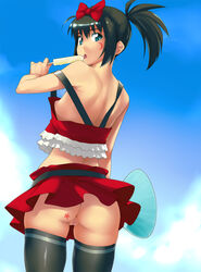 1girls areolae ass black_hair blue_eyes bottomless bottomless_skirt bow crescent crescent_moon erect_nipples fan female female_only flapper_shirt flat_chest hairbow kunihiro_hajime microskirt moon more_revealing_backside nipple_slip nipples ponytail popsicle puffy_nipples pussy saki sideboob skirt skirt_lift star strap_slip thighhighs tied_hair uncensored wind_lift yurikawa