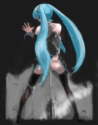 aqua_eyes aqua_hair detached_sleeves hatsune_miku headphones headset long_hair necktie no_panties panties_around_one_leg panty_pull peeing pon ribbon skirt skirt_lift solo standing standing_pee thighhighs tied_hair twintails urinating urinating_female urination urine urine_splatter urine_stream very_long_hair vocaloid