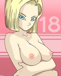 1girls android_18 blonde_hair blue_eyes breasts crossed_arms dragon_ball dragon_ball_z female female_only metamine10 nipples nude short_hair solo straight_hair